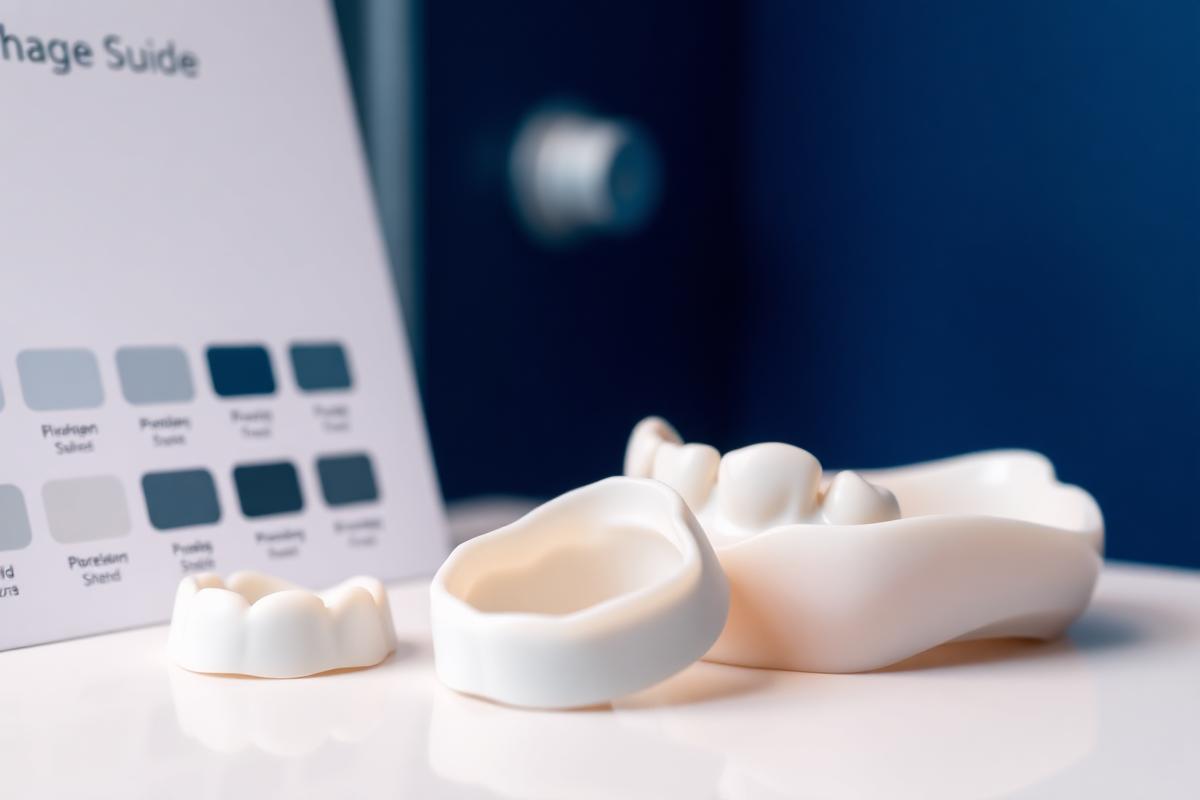Porcelain veneer shells beside a dental shade guide